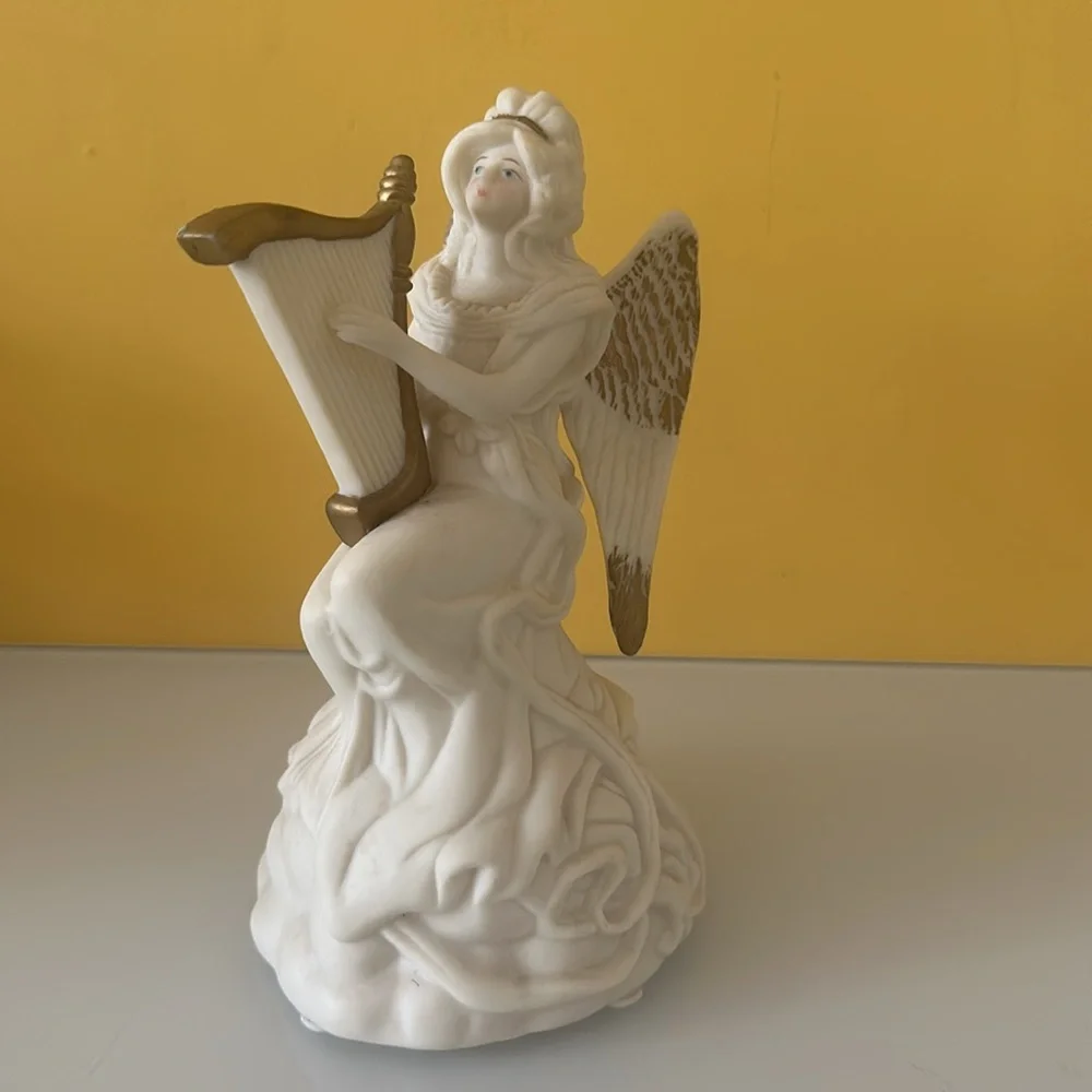 Set of 2 White Ceramic Angel Figurines w/ Harp and Violin Table Décor Sculptures